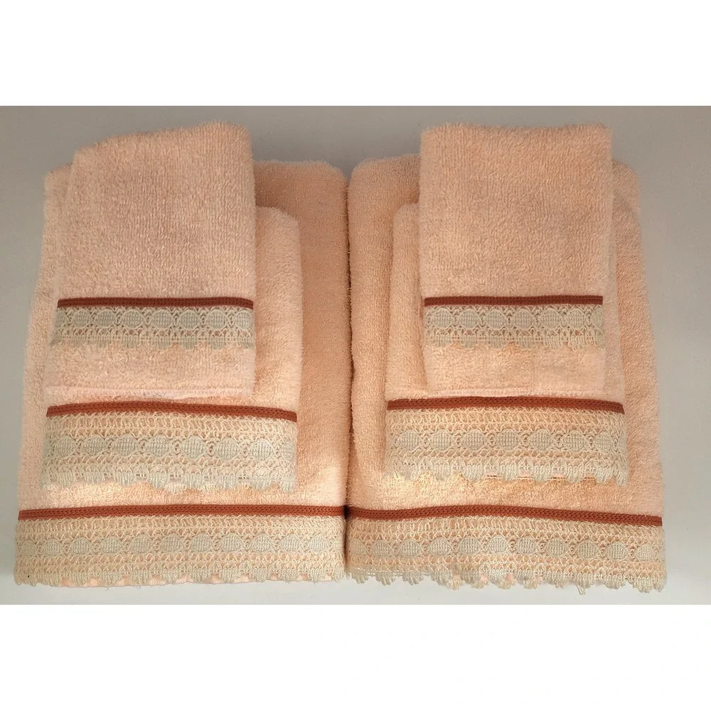 Vintage Dundee Towel Set 6 pc Peach Lace Trim Cotton Blend Bath Hand Washcloth